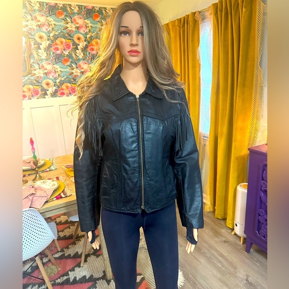 BRANDED GARMENTS INC Black Fringe Leather Jacket Sz M - Picture 2 of 13